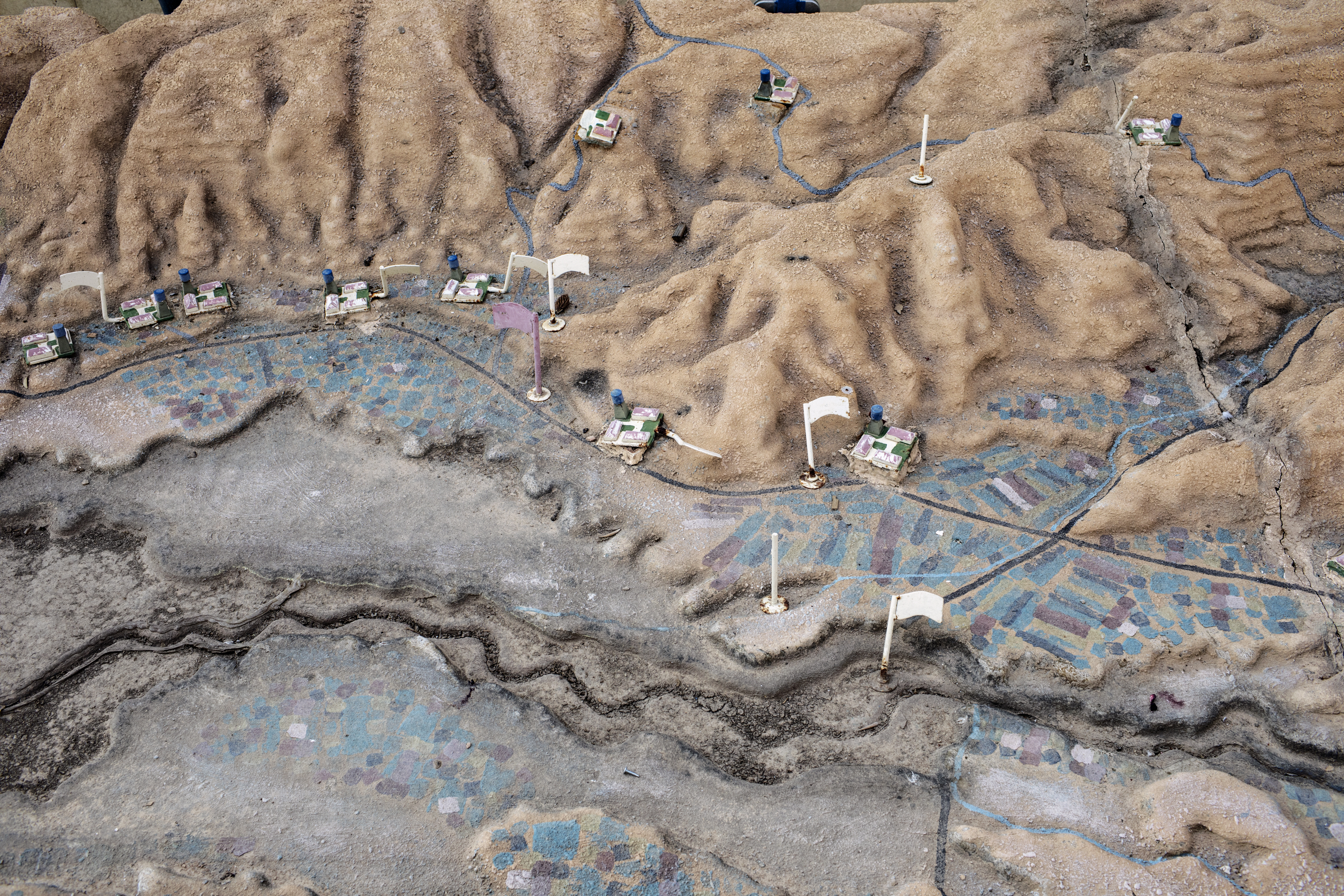 009_Israeli-settlements_MAP_8737 Jordan Valley, West Bank, 2017. Detail of a model showing the Israeli settlements in the Jordan Valley. The model is located in a rest area along the Road 90, in the Jordan Valley.